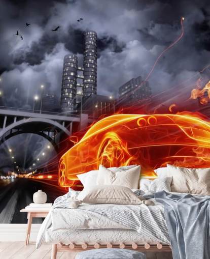 Brandweerauto's nachts in stadsmuurschildering Brandweerauto's nachts in stadsmuurschildering