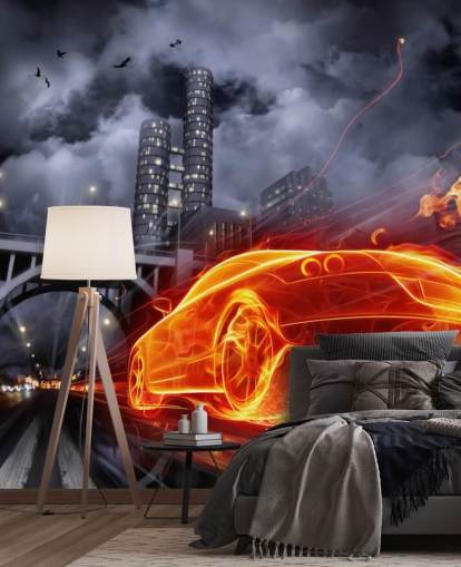 Brandweerauto's nachts in stadsmuurschildering Brandweerauto's nachts in stadsmuurschildering