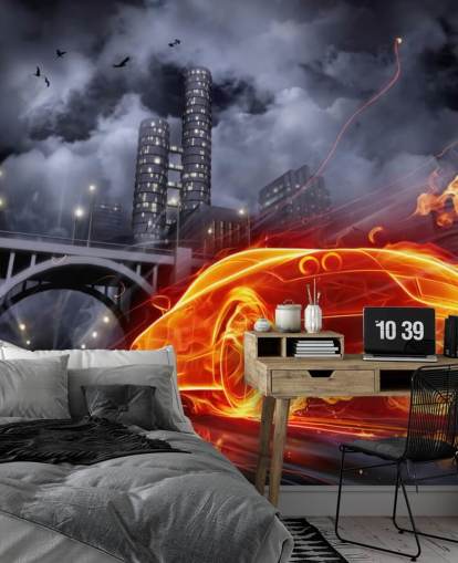 Brandweerauto's nachts in stadsmuurschildering Brandweerauto's nachts in stadsmuurschildering