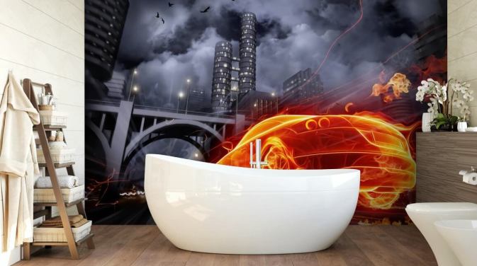 Decorazione murale con auto dei pompieri di notte in città