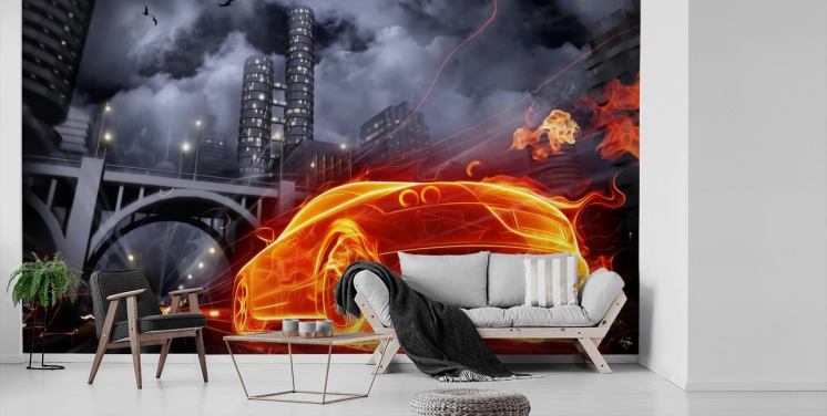 Brann Car om natten i byen Mural