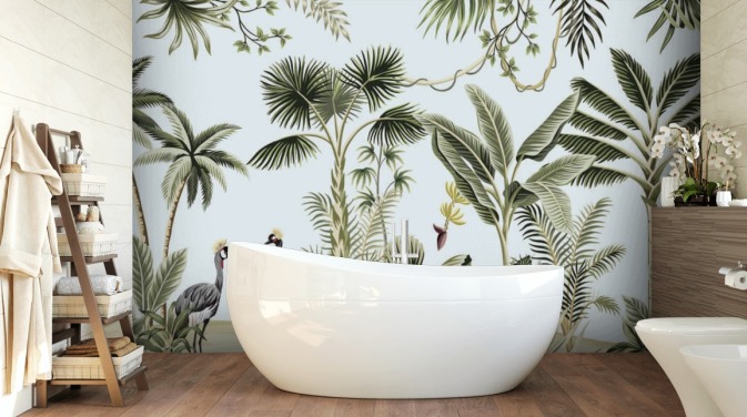 palm trees and exotic birds wallpaper