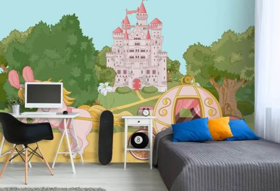 pink horses and carriage and princess castle wallpaper