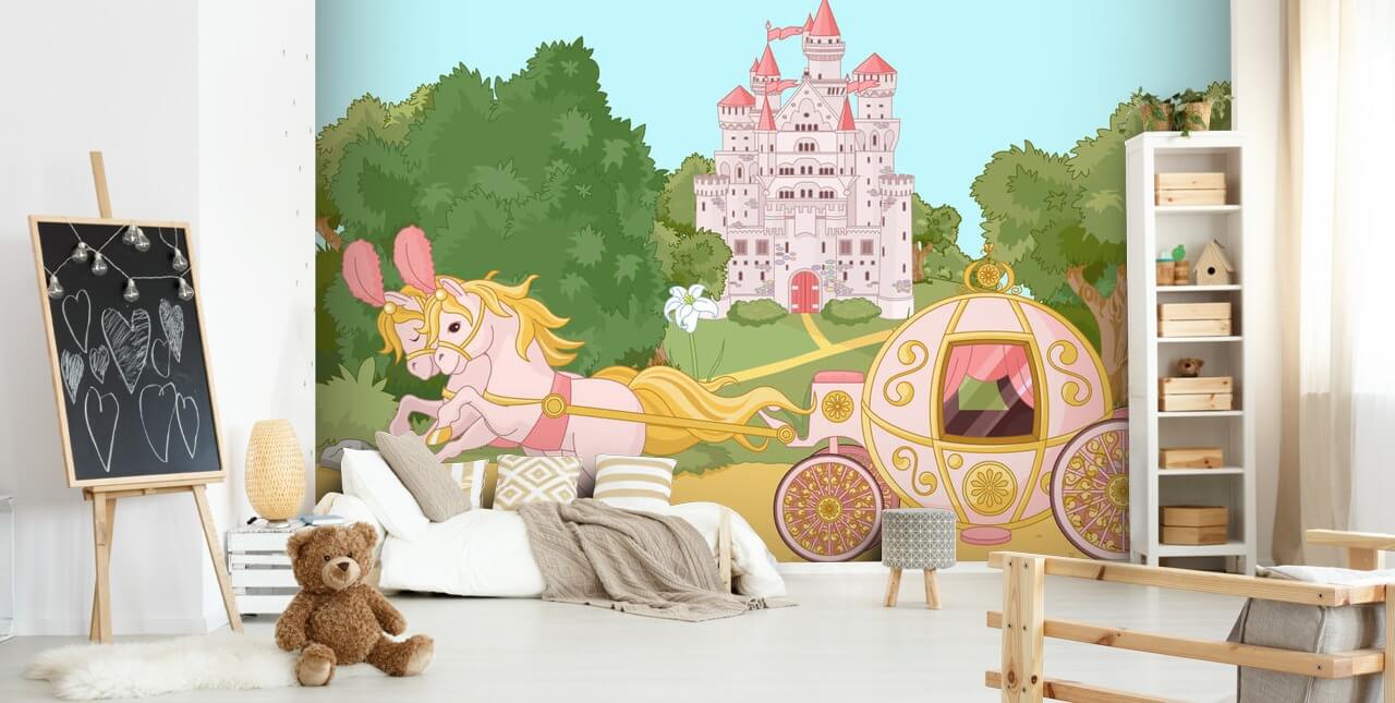 pink horses and carriage and princess castle wallpaper