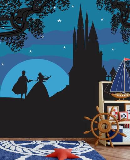 black silhouette of castle, prince and princess with blue background wallpaper black silhouette of castle, prince and princess with blue background wallpaper