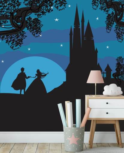 black silhouette of castle, prince and princess with blue background wallpaper black silhouette of castle, prince and princess with blue background wallpaper