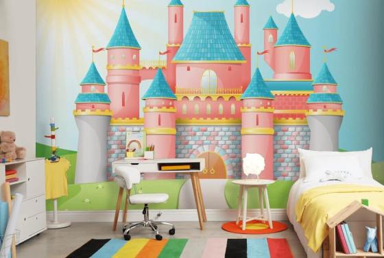 pink and blue cartoon castle wallpaper