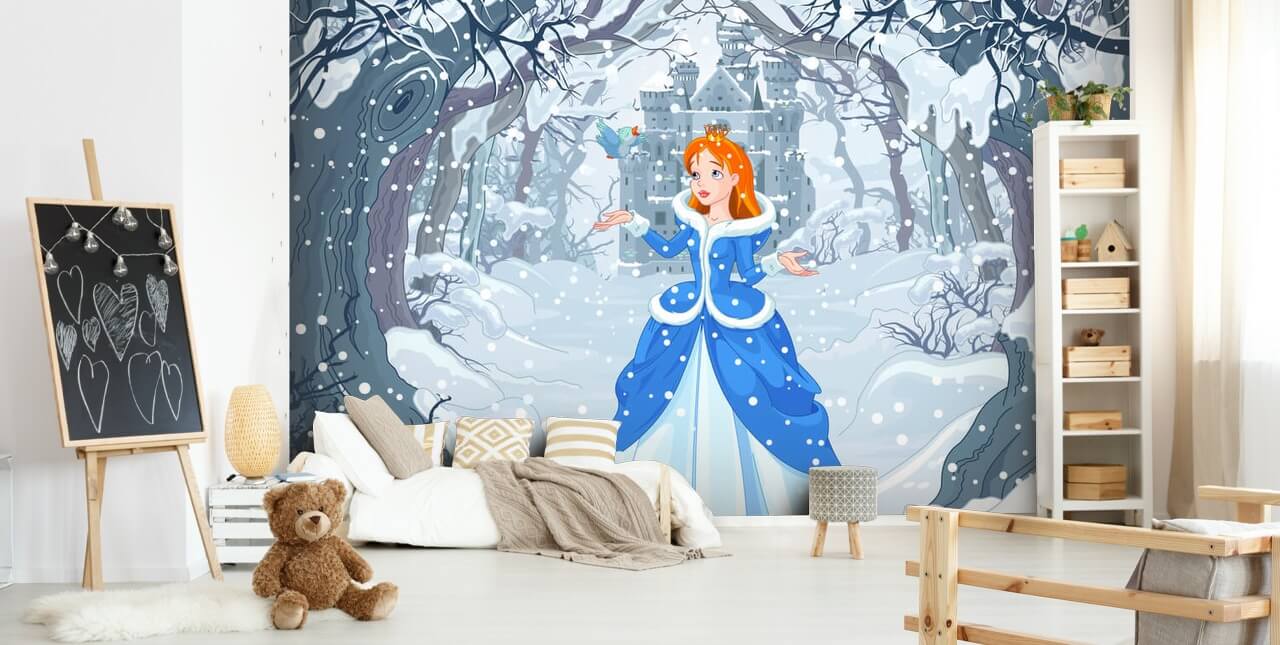 prinsesse i snødekt skog med slott i bakgrunn tapet