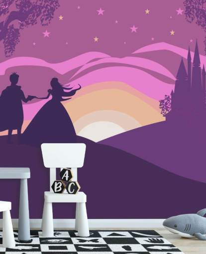 cielo viola al tramonto con sagoma del castello, una principessa e il suo principe carta da parati cielo viola al tramonto con sagoma del castello, una principessa e il suo principe carta da parati
