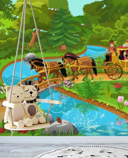 colourful cartoon of horse and carriage in enchanted forest wallpaper colourful cartoon of horse and carriage in enchanted forest wallpaper