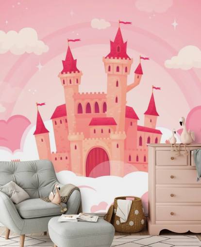 rosa Cartoon-Palast in rosa Wolken-Tapete rosa Cartoon-Palast in rosa Wolken-Tapete