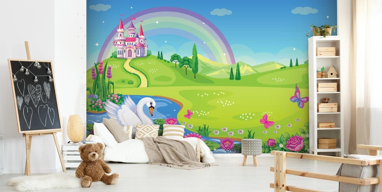 prinsespaleis, zwaan en regenboog behang