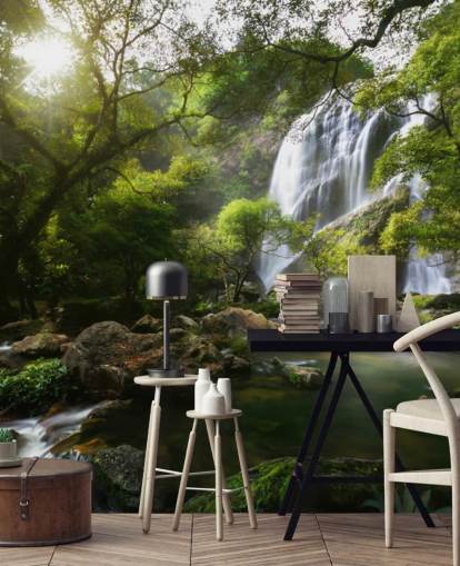 bergwaterval en stream fotobehang bergwaterval en stream fotobehang