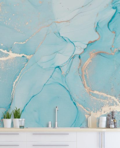 Personalisierbare Marmortapete in Hellblau und Gold namens Dreamy Blue Watercolour für Schlafzimmer, Küchen oder Badezimmer Personalisierbare Marmortapete in Hellblau und Gold namens Dreamy Blue Watercolour für Schlafzimmer, Küchen oder Badezimmer