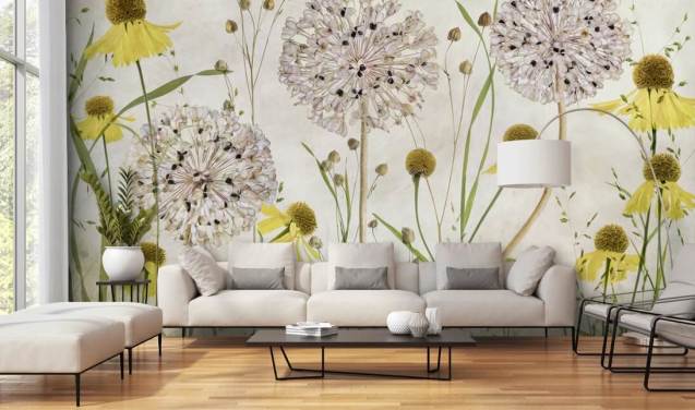 gule tusindfryd og hvide blomster tapet