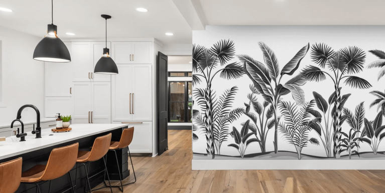 Palm Tree Leaf Wallpaper Black and White Belgravia Decorating Centre  Online