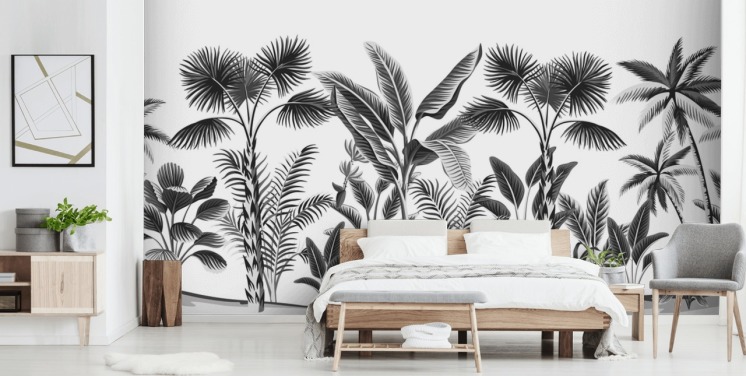 illustreret sort og hvid palme blad tapet