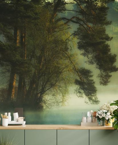 golden tones on a tree island and calm lake with two ducks wallpaper golden tones on a tree island and calm lake with two ducks wallpaper