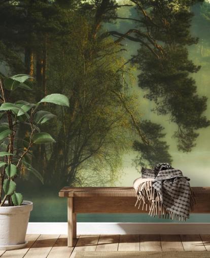 golden tones on a tree island and calm lake with two ducks wallpaper golden tones on a tree island and calm lake with two ducks wallpaper