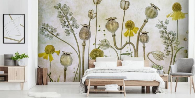 yellow heleniums and old poppies wallpaper