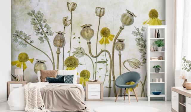 yellow heleniums and old poppies wallpaper