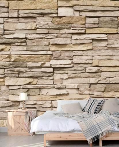 beige op maat gemaakte stenen behangmuurschildering genaamd Stacked Stone Wall beige op maat gemaakte stenen behangmuurschildering genaamd Stacked Stone Wall