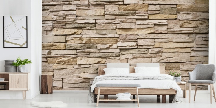 beigefarbenes kundenspezifisches Steintapeten-Wandbild namens Stacked Stone Wall