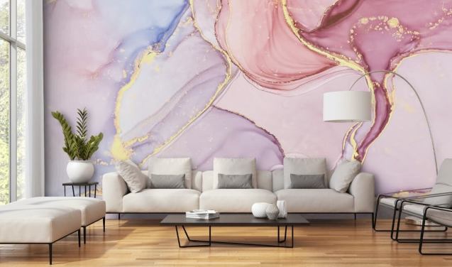 lila, blå och rosa anpassningsbar akvarell marmor tapetväggmålning kallad Pink Swirl för sovrum och badrum