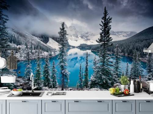 fond d'écran vue lac enneigé et montagne
