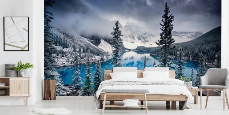 papel de parede snowy lake and mountain view