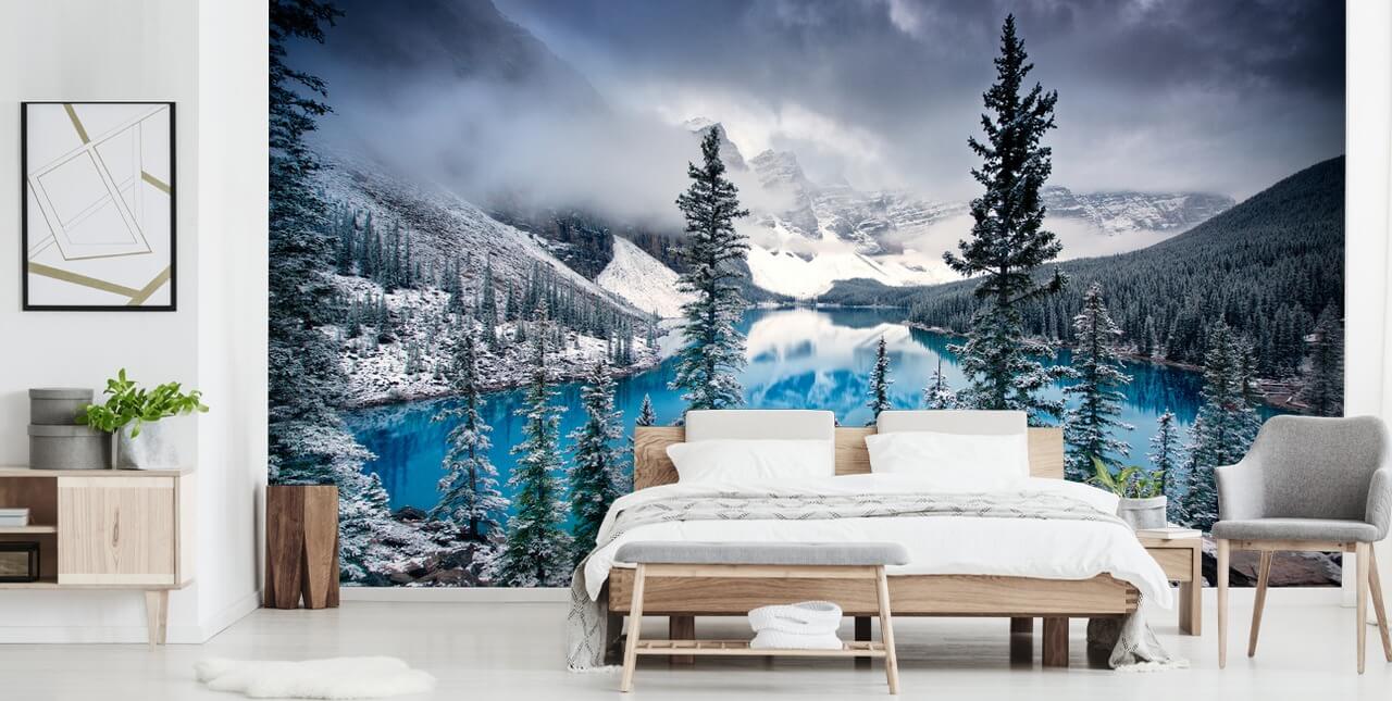 snowy lake and mountain view wallpaper
