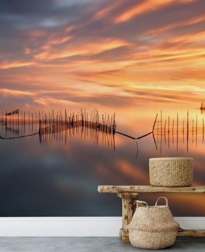 fishnet silhouettes in ocean against sunset sky wallpaper fishnet silhouettes in ocean against sunset sky wallpaper