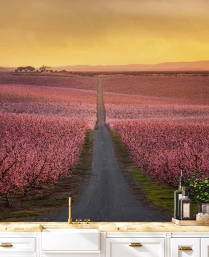 langer Weg mit rosa Blüten Bäume Tapete langer Weg mit rosa Blüten Bäume Tapete