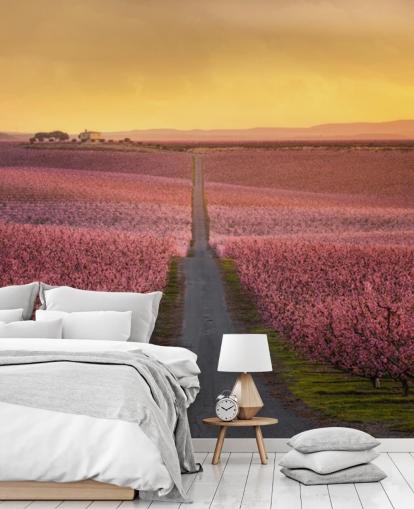 estrada longa com árvores de flor rosa papel de parede estrada longa com árvores de flor rosa papel de parede