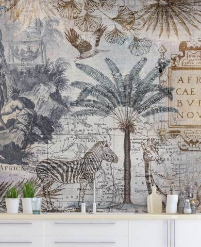 vintage africa map, animals and palm leaves wallpaper vintage africa map, animals and palm leaves wallpaper