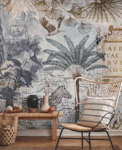 vintage africa map, animals and palm leaves wallpaper vintage africa map, animals and palm leaves wallpaper