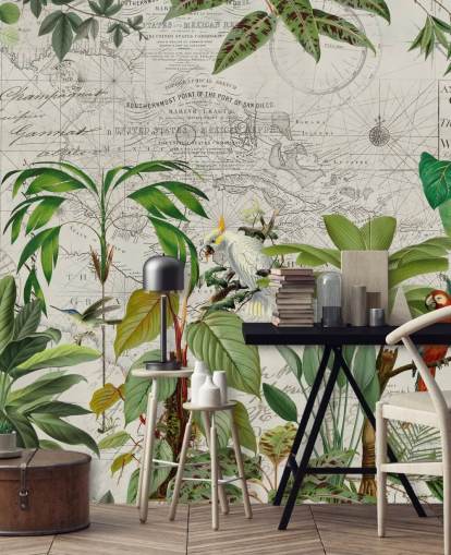 vintage stijl illustratie van kleurrijke vogels in jungle behang vintage stijl illustratie van kleurrijke vogels in jungle behang