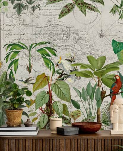 vintage style illustration of colourful birds in jungle wallpaper vintage style illustration of colourful birds in jungle wallpaper