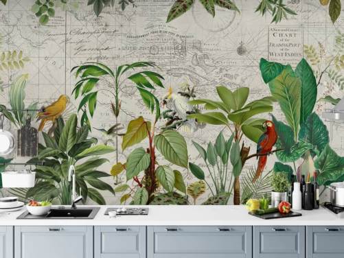 vintage stil illustration af farverige fugle i jungle tapet