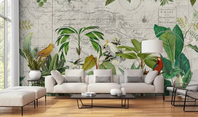 vintage style illustration of colourful birds in jungle wallpaper