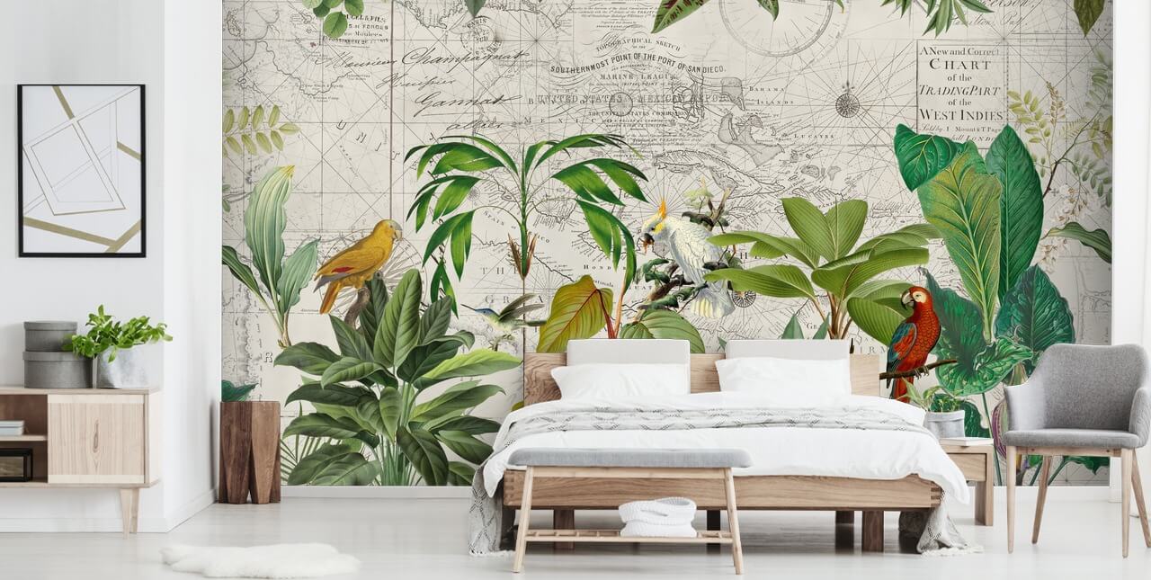 vintage style illustration of colourful birds in jungle wallpaper vintage style illustration of colourful birds in jungle wallpaper