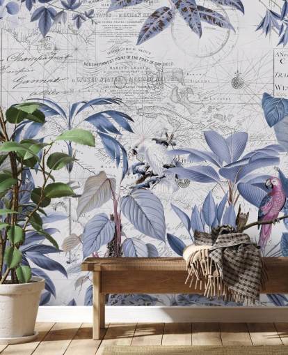 papel pintado de selva azul y pájaros exóticos papel pintado de selva azul y pájaros exóticos