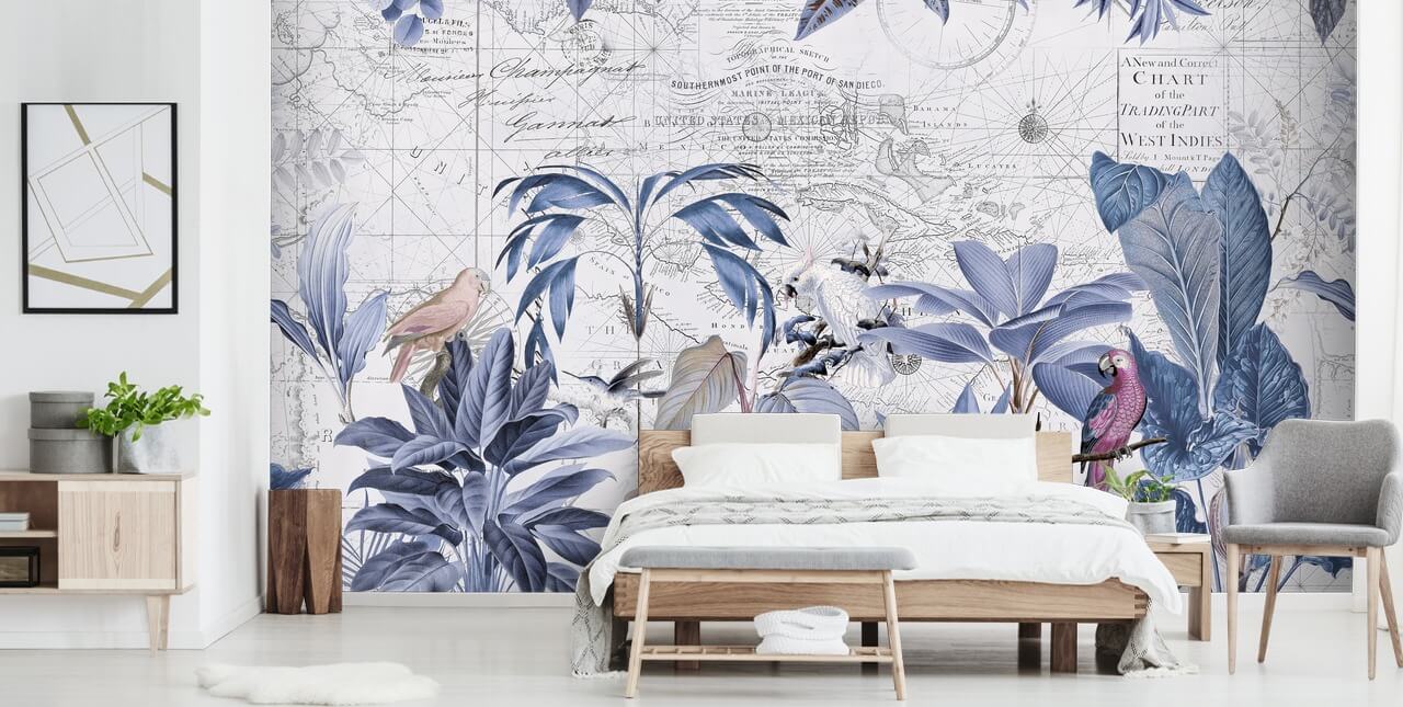 blauwe jungle en exotische vogels behang blauwe jungle en exotische vogels behang