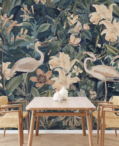 papier peint flamants roses orange pâle et fleurs dans la jungle verte papier peint flamants roses orange pâle et fleurs dans la jungle verte