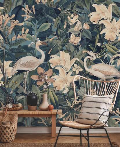 pale orange flamingos and flowers in green jungle wallpaper pale orange flamingos and flowers in green jungle wallpaper