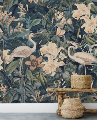 papel pintado de flamencos y flores de color naranja pálido en la selva verde papel pintado de flamencos y flores de color naranja pálido en la selva verde