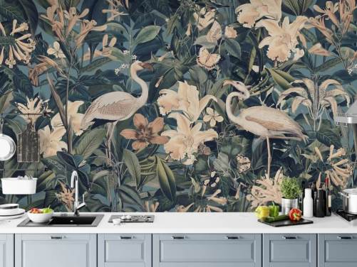 pale orange flamingos and flowers in green jungle wallpaper