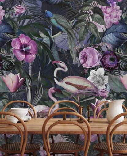 mørk lilla, blå og grøn blomstret flamingo tapet mørk lilla, blå og grøn blomstret flamingo tapet