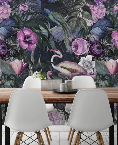 carta da parati con fenicotteri floreali viola scuro, blu e verde carta da parati con fenicotteri floreali viola scuro, blu e verde