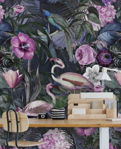mørk lilla, blå og grønn floral flamingo tapet mørk lilla, blå og grønn floral flamingo tapet